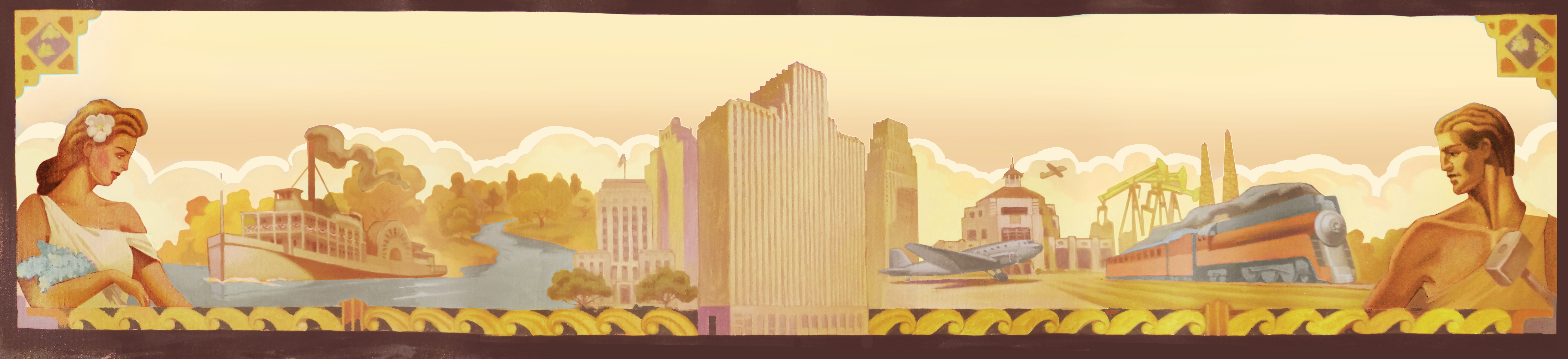 The Tim Huhn lobby mural at 1001 McKinney, depicting Houston history in Art Moderne style
